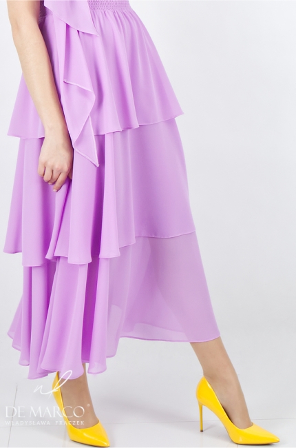Ekskluzywna uniwersalna szyfonowa sukienka fiolet idealna na wiosna-lato 2023. Sklep internetowy De Marco