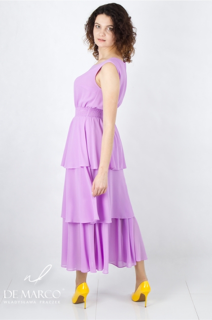 A light airy formal dress made to measure in powder violet. De Marco online store