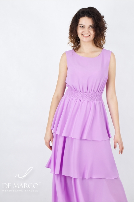 Zmysłowa kobieca sukienka suknia midi maxi ze ściągaczem w pasie i wiązaniem. Uniwersalna kreacja w kolorze pudrowego fioletu. Sklep internetowy De Marco