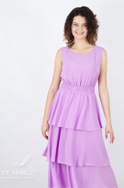 Sensual feminine dress midi maxi dress with a welt at the waist and a tie. A universal creation in the color of powder violet. De Marco online store