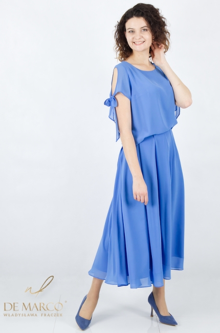 Elegancki niebieski zestaw wizytowy ze spódnicą i bluzką. Modne zestawy szyfonowe od polskiego producenta De Marco