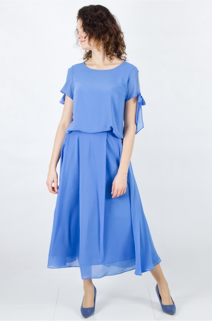 Eleganckie niebieskie zestawy komplety damskie ze spódnicą szyfon. Sklep internetowy De Marco