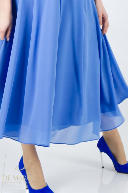 Piękna letnia sukienka szyfonowa z rękawkiem. Najmodniejsze sukienki szyfonowe w odcieniach niebieskiego. Szycie na miarę De Marco