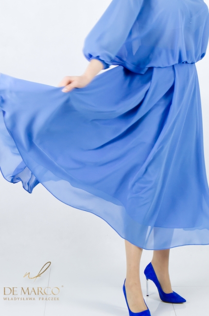 Swobodna sukienka midi rozkloszowana z szyfonu. Modne sukienki szyfonowe idealne na letnie uroczystości rocznice imprezy Komunie chrzciny. Sklep internetowy De Marco