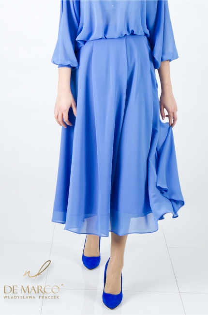 Sukienka koktajlowa midi z rękawkiem szyfon wiskoza w odcieniach niebieskiego. Sklep internetowy De Marco Szycie na miarę
