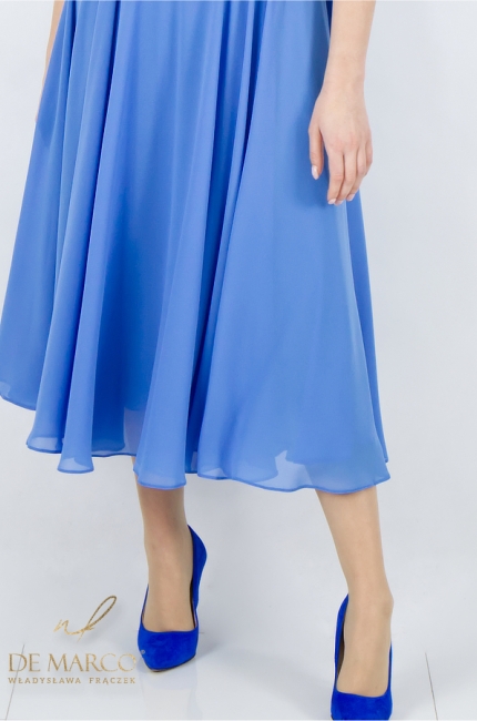 Elegancka luksusowa sukienka koktajlowa szyfon w odcieniach niebieskiego. Sklep i szycie na miarę De Marco