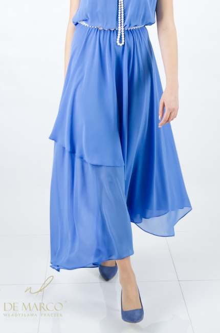 Niebieska romantyczna sukienka suknia wyjściowa z szyfonu od polskiego projektanta. Sklep internetowy De Marco