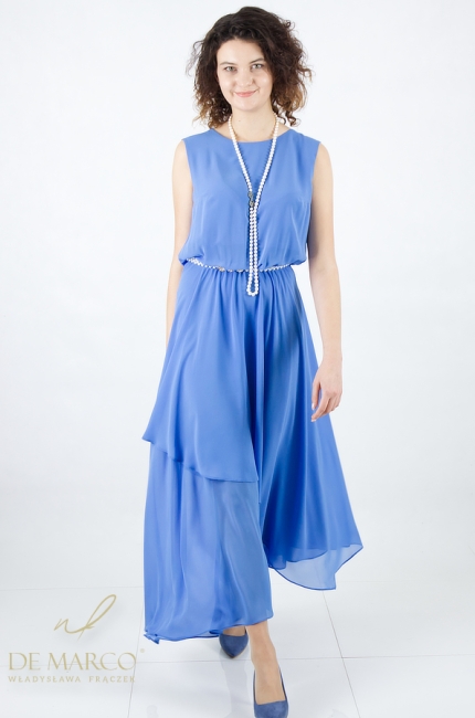 Nowoczesna kaskadowa sukienka maxi w odcieniach niebieskiego. Szycie na miarę De Marco