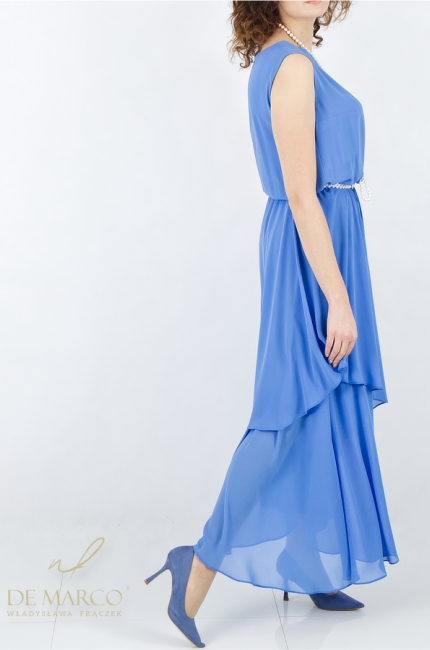 Elegancka swobodna niebieska długa sukienka wizytowa warstwy. Sklep internetowy De Marco