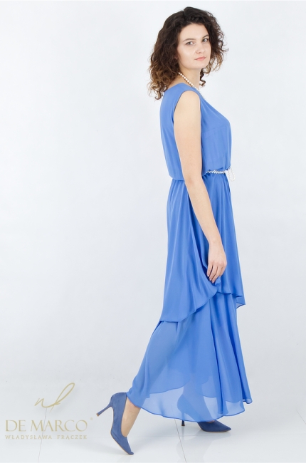 Niebieska elegancka sukienka idealna na letnie przyjęcia. Sklep internetowy De Marco