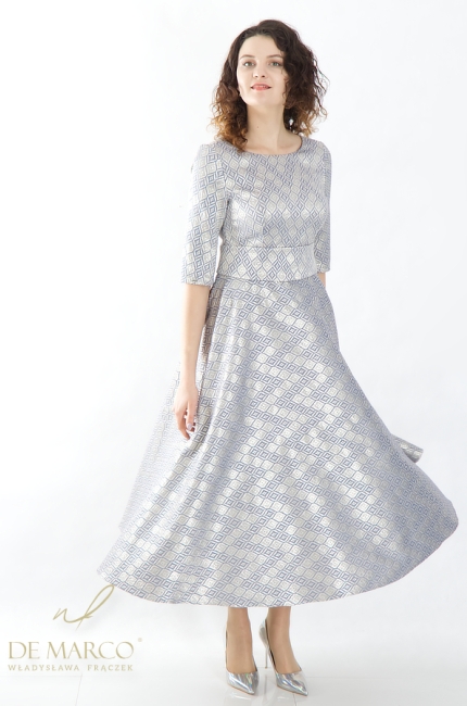 Ekskluzywna sukienka wizytowa z żakardy w odcieniach zgaszonego błękitu. Szycie na miarę Sklep internetowy De Marco
