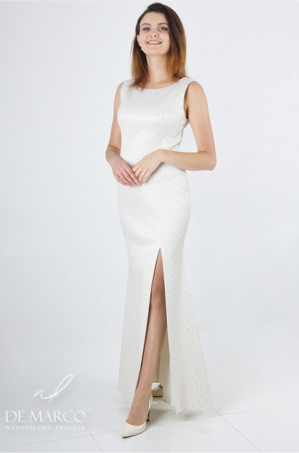 Ekskluzywna suknia wieczorowa w odcieniach bieli i złota. Najpiękniejsze suknie żakardowe od polskiego producenta De Marco