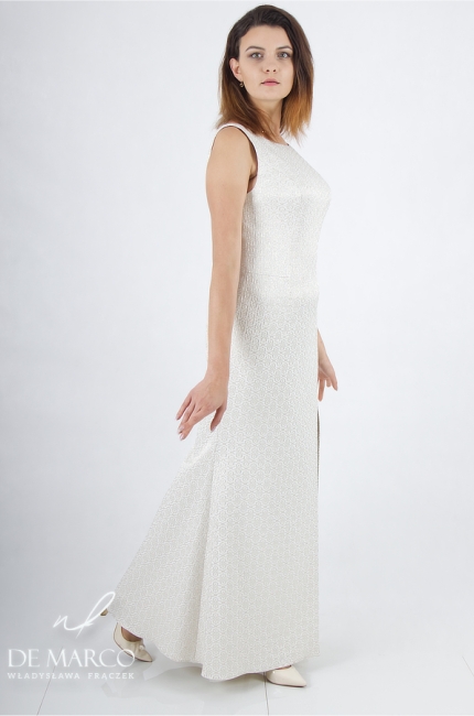 Romantyczna klasyczna biała suknia wieczorowa długa żakard. Sklep internetowy De Marco