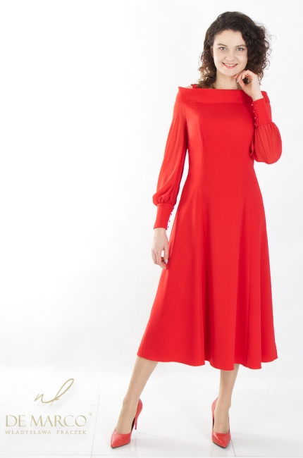 Elegancka suknia sukienka wizytowa w odcieniach czerwieni. Modne czerwone stylizacje na wesele od polskiej projektantki Władysławy Frączek DE MARCO