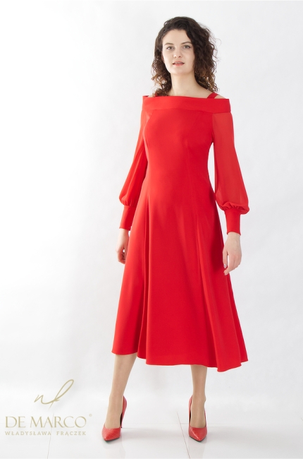 Czerwona elegancka sukienka rozkloszowana idealna na wesele Komunię rocznicę ślubu jubileusz. Sklep internetowy DE MARCO