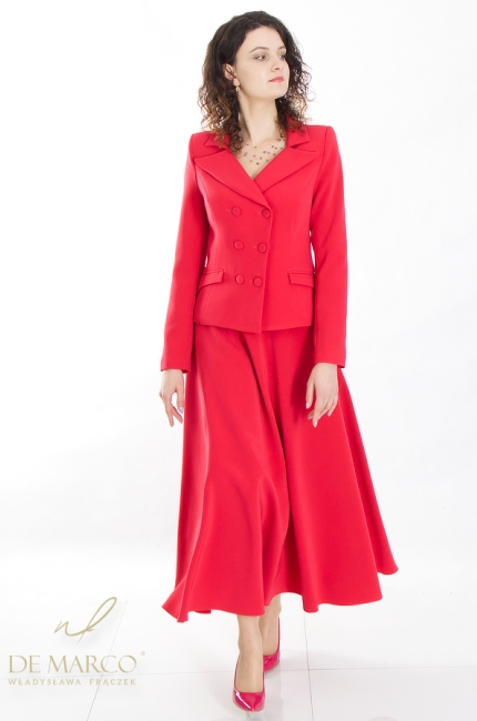 Modern women's red cardigan set. Tailor made by De Marco