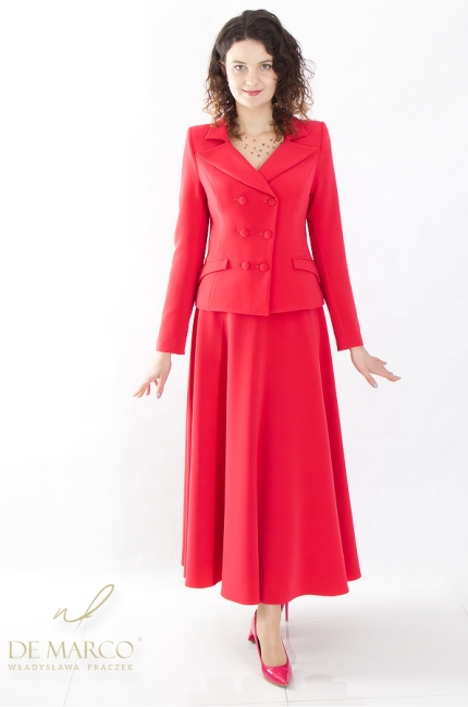 Modna rozkloszowana spódnica maxi czerwona z ekskluzywnym żakietem dwurzędowym. Najpiękniejsze komplety weselne dla Mamy Pary Młodej od polskiego producenta DE MARCO