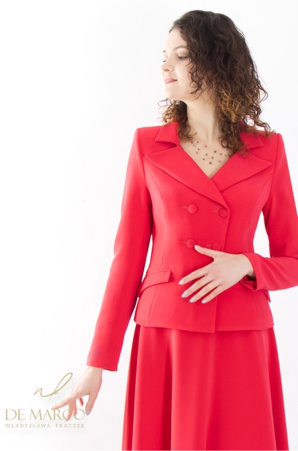 Szyty w Polsce luksusowy komplet damski wizytowy ze spódnicą maxi w kolorze czerwonym. Szycie na miarę Sklep internetowy DE MARCO