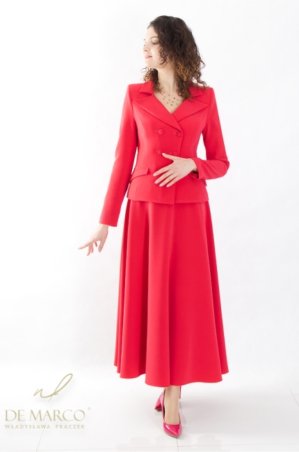 Szyta w Polsce czerwona spódnica z żakietem na wesele rocznicę Komunię. Sklep internetowy DE MARCO