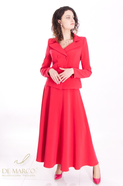 Jak się ubrać na Komunię? Co założyć na wesele? Najmodniejsze stylizacje ze spódnicą maxi w kolorze czerwonym. Szycie na miarę DE MARCO