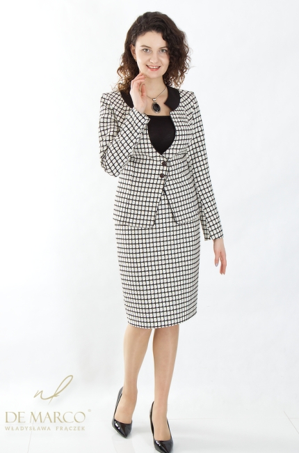 Modern women's business suit with a checkered skirt. De Marco online store
