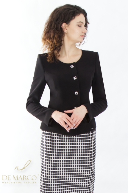 Czarno-biały zestaw biznesowy żakiet ze spódnicą ołówkową. Modne garsonki i kostiumy biznesowe szyte na miarę De Marco
