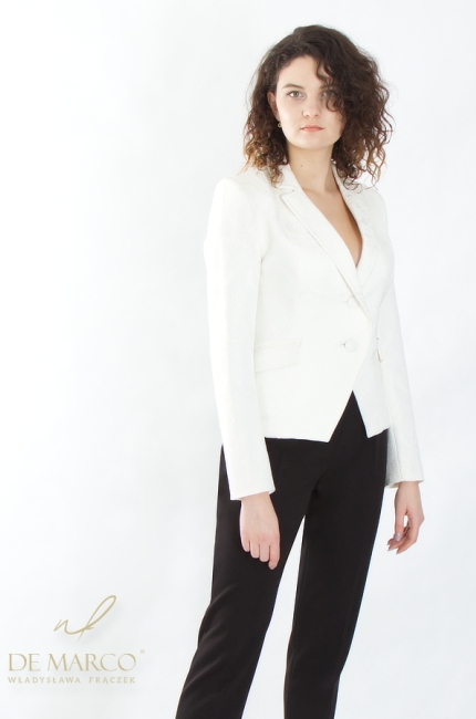 Luxurious white women's business jacket for work for a business meeting, conference, negotiations. Tailor made by De Marco