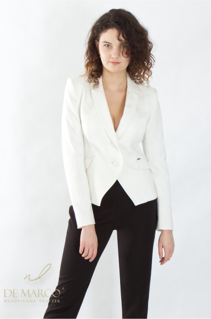 A stylish white women's jacket for work in the office, for a business meeting, conference, speech. Tailor made by De Marco