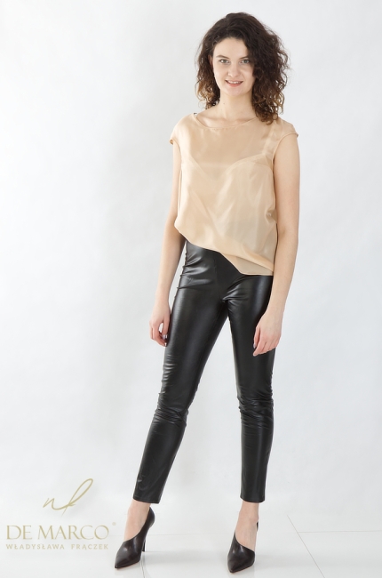 Black imitation leather skinny pants. Elegant pants fitted eco leather. De Marco online store