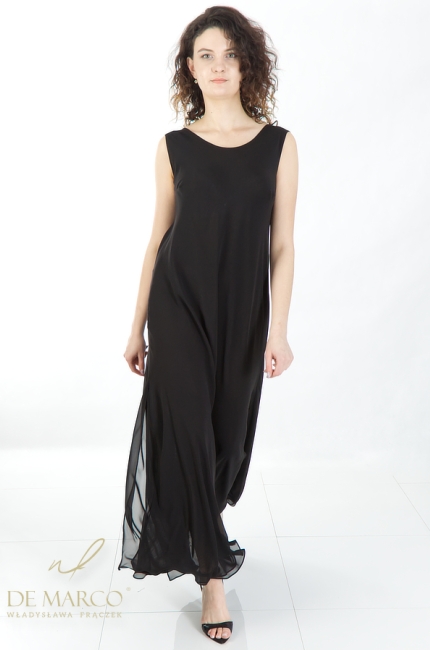 Elegancka czarna sukienka wizytowa maxi. Modne stylizacje wieczorowe w kolorze czarnym. Sklep internetowy De Marco