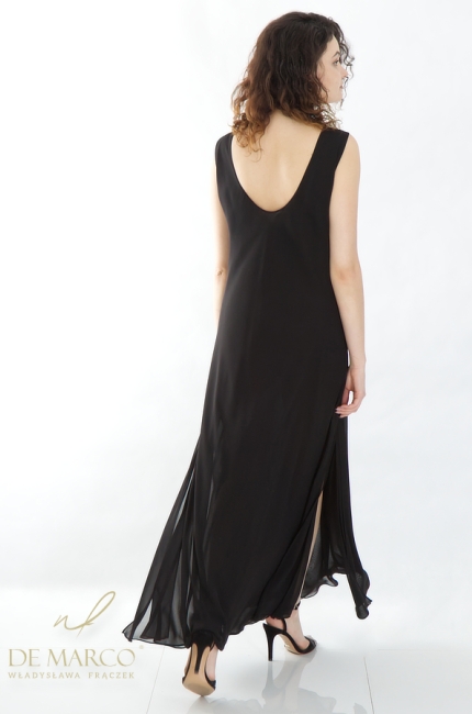 Ekskluzywna czarna sukienka maxi z dekoltem na plecach. Swobodne wyszczuplające sukienki maxi wizytowe. Polski producent DE MARCO