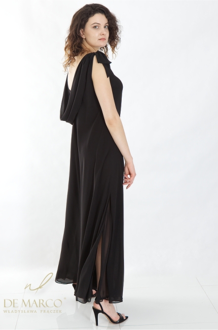 Zwiewna wyszczuplająca sukienka maxi w kolorze czarnym. Długie czarne sukienki wizytowe od polskiego producenta DE MARCO