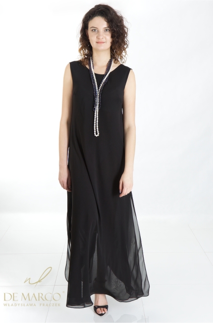 Elegancka czarna sukienka koktajlowa maxi bez rękawków. Sklep internetowy De Marco