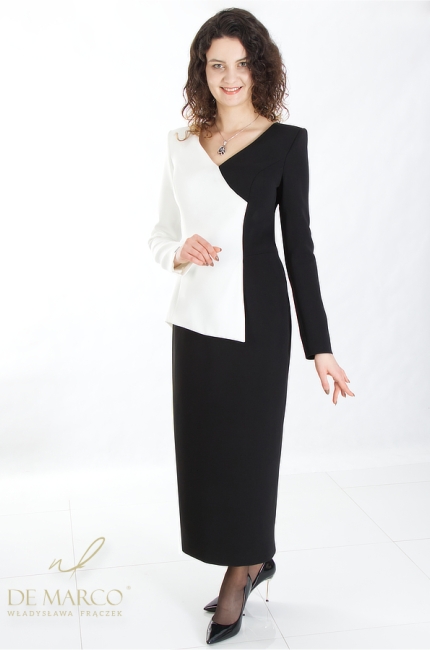 Oryginalna suknia maxi ze spódnicą w klasycznym kolorze czerni i bieli. Sklep internetowy De Marco