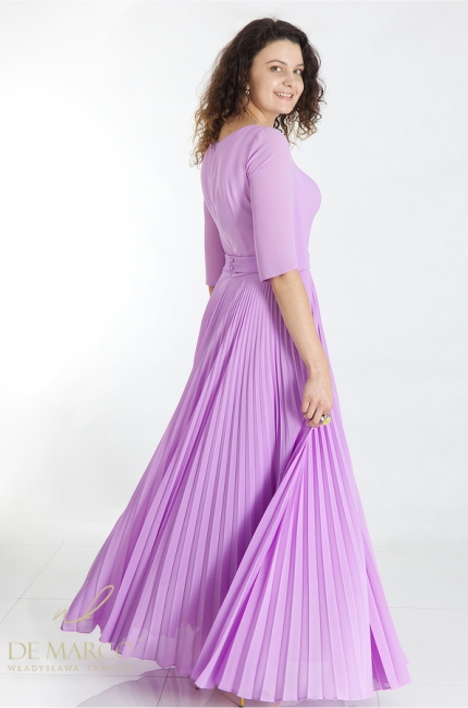 Piękna elegancka fioletowa sukienka wyjściowa wizytowa maxi. Szycie na miarę De Marco