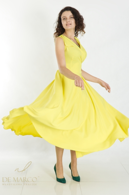 Żółta sukienka wizytowa szyta na miarę u projektanta De Marco. Polski producent luksusowej odzieży wizytowej De Marco