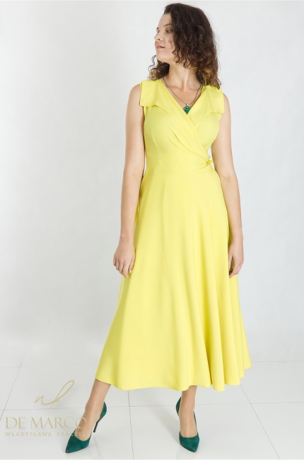 Najmodniejsze żółte stylizacje na wesele. Żółte sukienki maxi wizytowe od polskiego producenta De Marco