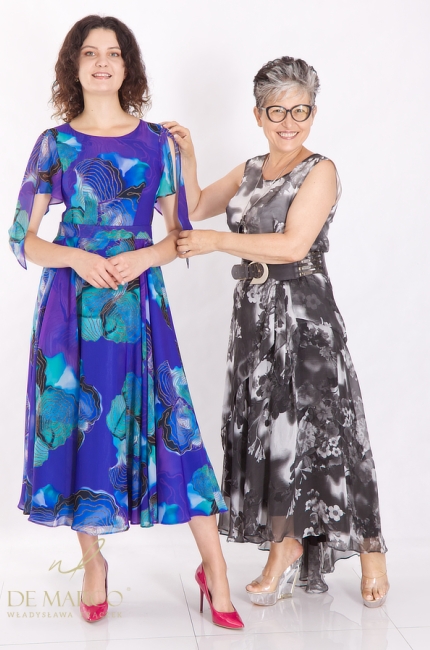 Fashionable chiffon dresses for the summer in intense colors of turquoise cornflower and purple. De Marco online store