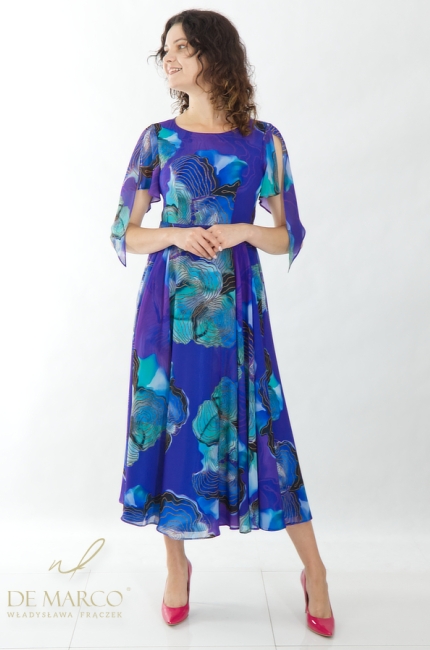 Elegant flared chiffon dress sewn in Poland. De Marco online store