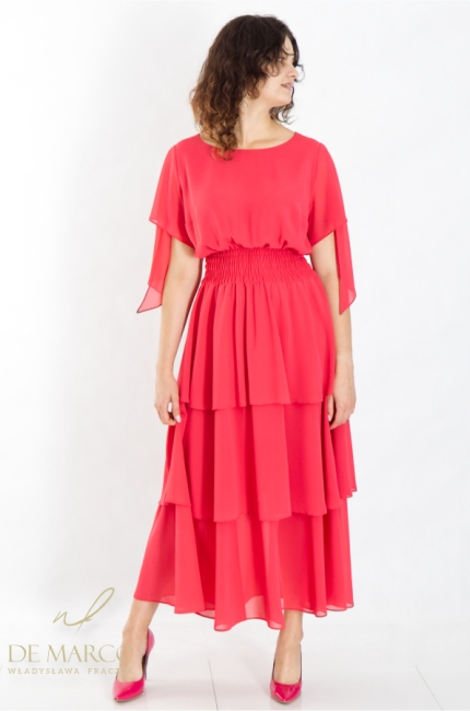 Modne szyfonowe kreacje na lato w intensywnych kolorach. Najpiękniejsze sukienki letnie w kolorze malinowej czerwieni. Sklep internetowy De Marco