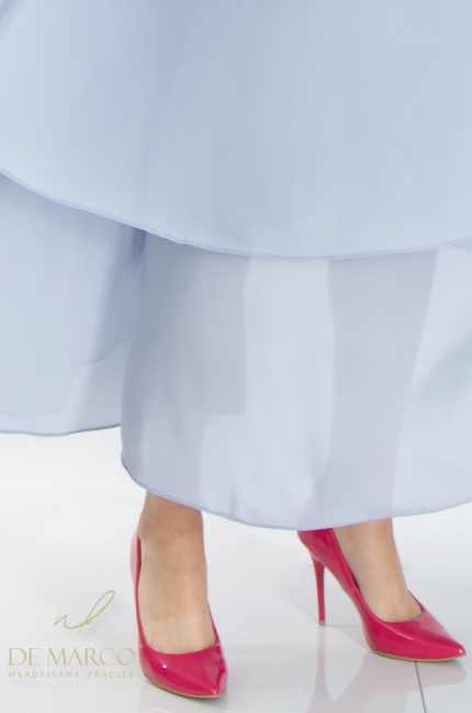 Sewn in Poland, chiffon cocktail dress with frills and a welt at the waist. De Marco online store