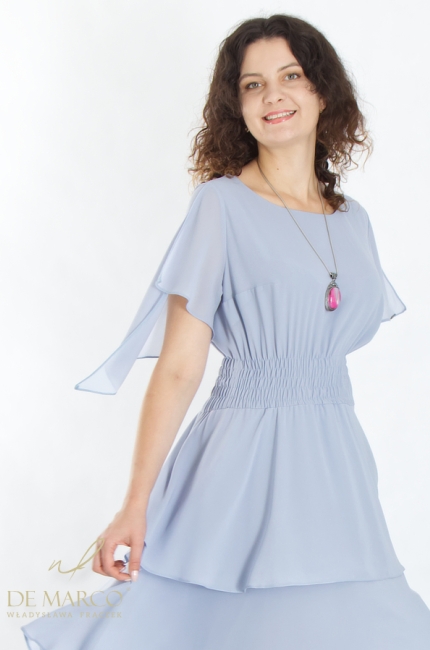 Romantic blue and gray maxi styling for summer resort holidays. Comfortable airy chiffon dresses. Polish producer De Marco