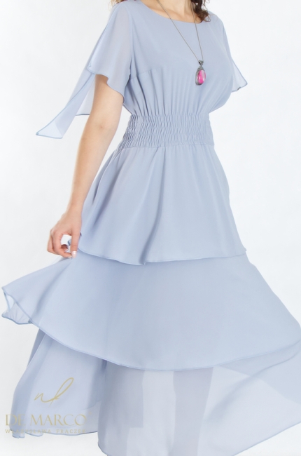 The most fashionable chiffon dresses for the summer with a welt at the waist. Fashionable creations in shades of blue. De Marco online store