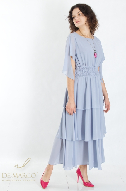 Romantyczna sukienka koktajlowa z szyfonu w odcieniach błękitu i popielu. Polski producent