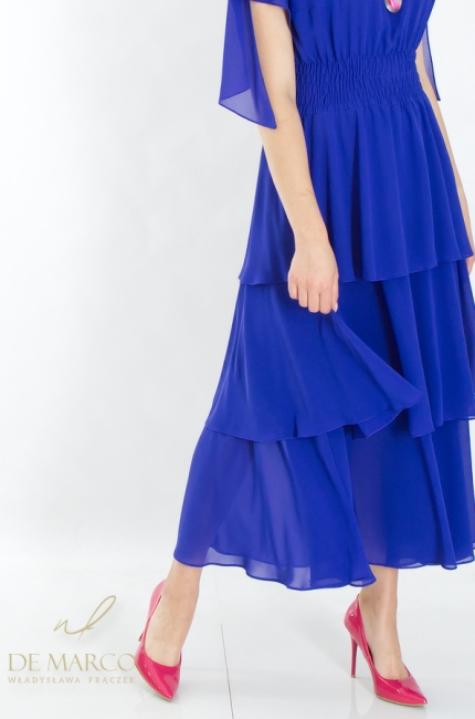 Sensual summer sapphire dress with a cascading cut with frills. Fashionable sapphire summer stylizations for a wedding. De Marco online store