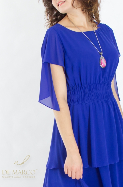 Sapphire chiffon dress with a casual cut. Tailoring tailoring De Marco Polish manufacturer of luxury women's clothing