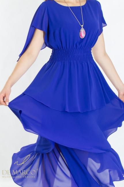 Fashionable sapphire cascading dresses with frills for summer holidays. De Marco online store