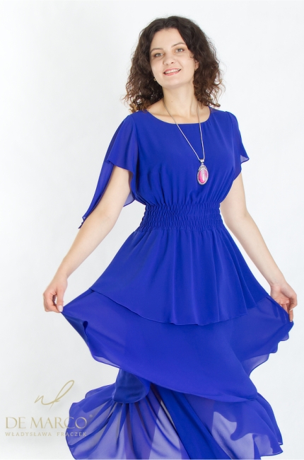 A romantic sapphire maxi dress sewn in Poland with a welt at the waist. Tailor made by De Marco