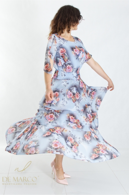 Modna sukienka koktajlowa w kwiaty szyfon. SKlep internetowy De Marco