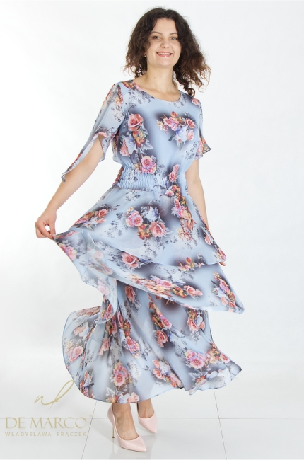 A luxurious maxi cocktail dress with frills sewn in Poland. Tailor made by De Marco